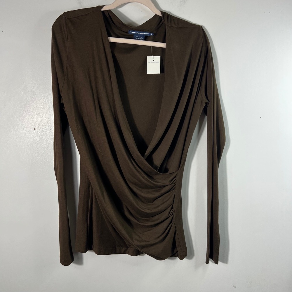 Ralph Lauren Sport Brown Wrap Stretch Top Side Ruche L Pima Cotton Lyocell NWT